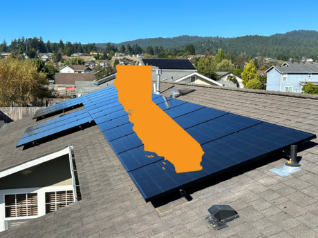 Six Rivers Solar branded orange shape of California overlaid atop image of residential solar installation